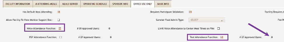 Office Use Only tab with the Voice Attendance Function and Text Attendance Function boxes checked and # of Approved Users showing 0
