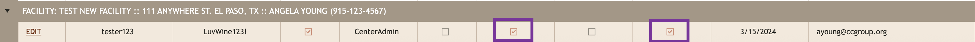User row in Manage Facility Users showing both attendance function boxes now checked