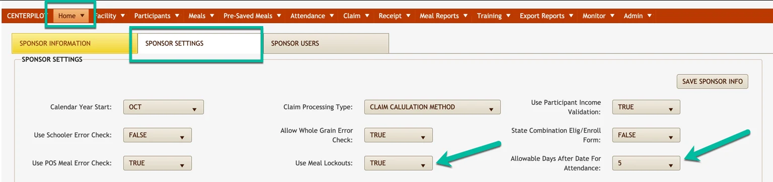 Sponsor Settings screen with Use Meal Lockouts set to TRUE and Allowable Days After Date For Attendance set to 5