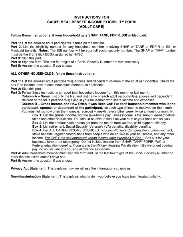 Preview of the first page of the Adult Meal Benefit Form