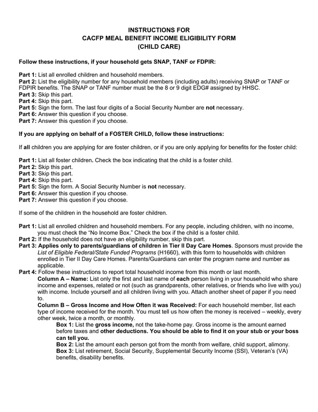 Preview of the first page of the Child Meal Benefit Form
