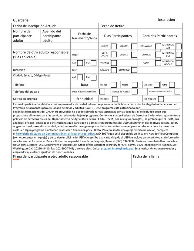 Preview of the first page of the Adult Enrollment Form (Spanish)