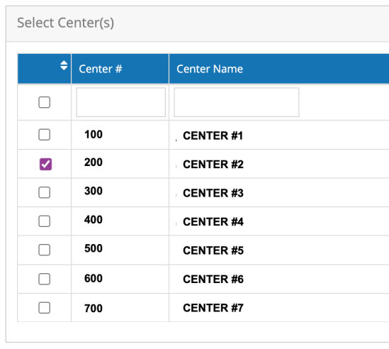 Select Centers grid with one center's checkbox ticked